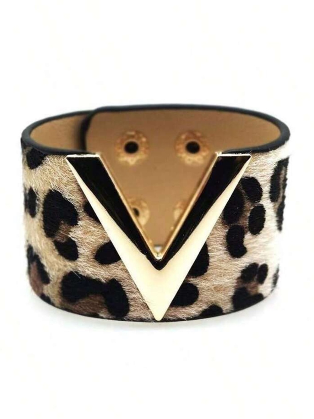 Leopard Print V-Accent Women's Cuff Bracelet - Gold Detail